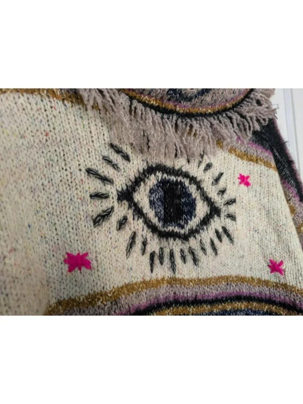 Pilcro Anthropologie Evil Eye Cardigan Sweater Fringe Boho Size XS/S